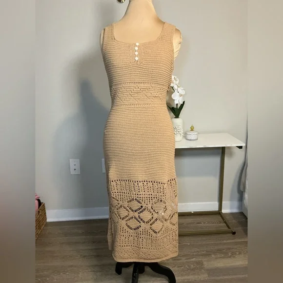 Elegant Tan Crochet Maxi Dress - Picture 2 of 7